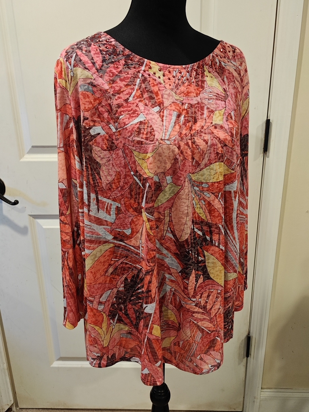 Ruby Rd. Coral Multi-Color Floral Tunic with Scoop Neck